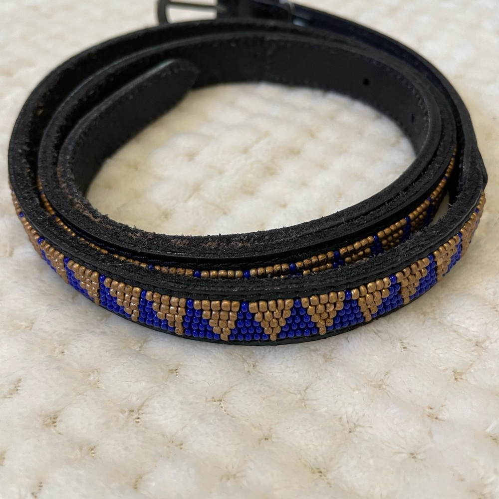 Lucky Brand blue and gold beaded leather belt size medium - Picture 2 of 8